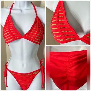 Red Halter Side Ties Scrunch Bottom Bikini Set